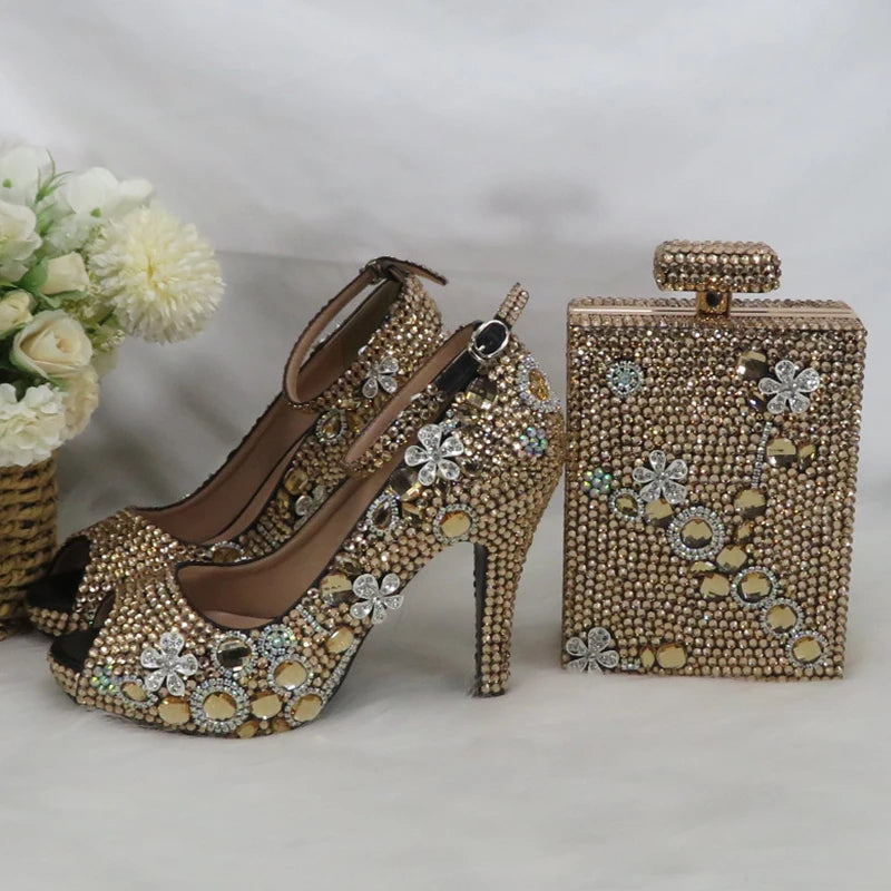 Momsey Peep Toe crystal Woman wedding shoes with matching bags Bridal fashion High Thick heel shoe Women party dress shoes Ankle Strap