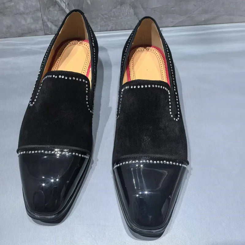 Visco High Quality Black Suede Loafers Man Rhinestone Shoes Fashion Leather Dress Shoes Men Slip On Party And Wedding Shoes