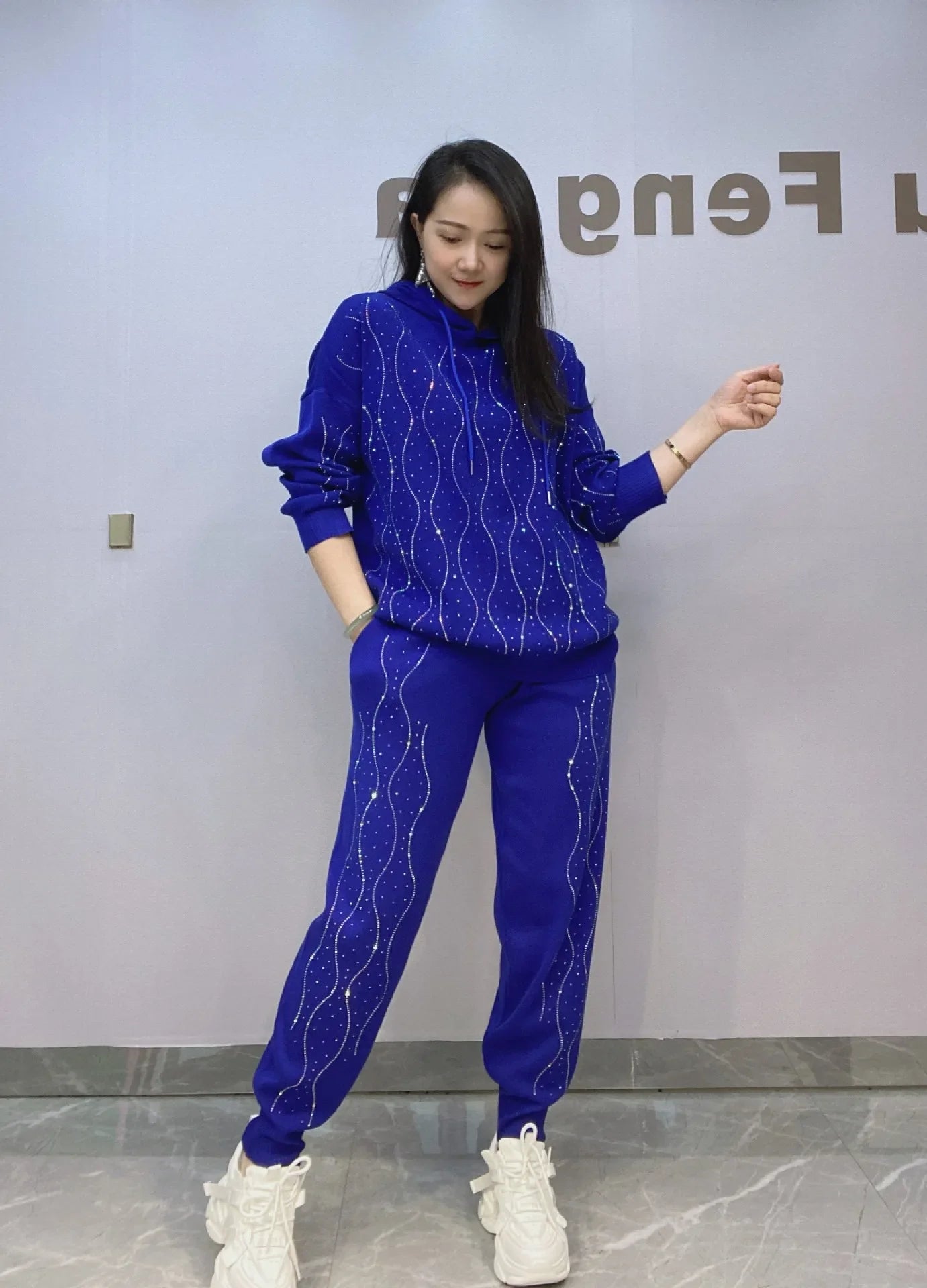 Maxy Fashion Striped Diamonds Sweater Set with Long Pants Women Autumn Tracksuit Loose Casual Hooded Two Piece Sets Womens Outifits