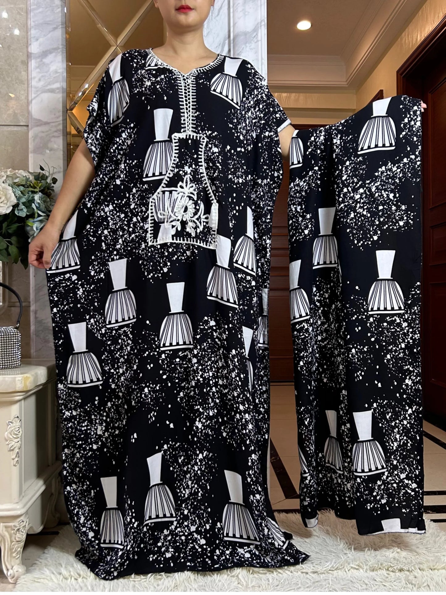 Macy Latest Autumn African Lady Dress with Big Scarf   Cotton Printed Loose Floral Boubou Pocket Maxi Islam Women Short Sleeve