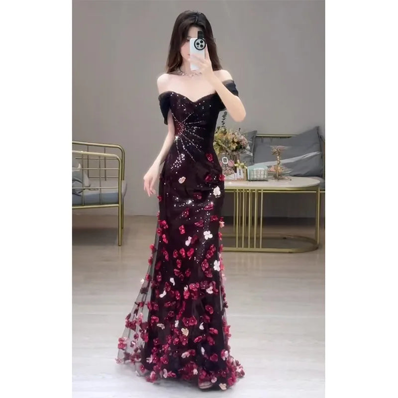 Maxy Wedding Engagement Reception Flower Sequin Dress Presenter Evening Dresses Sequin Evening Gown Vestidos De Quinceañera Party