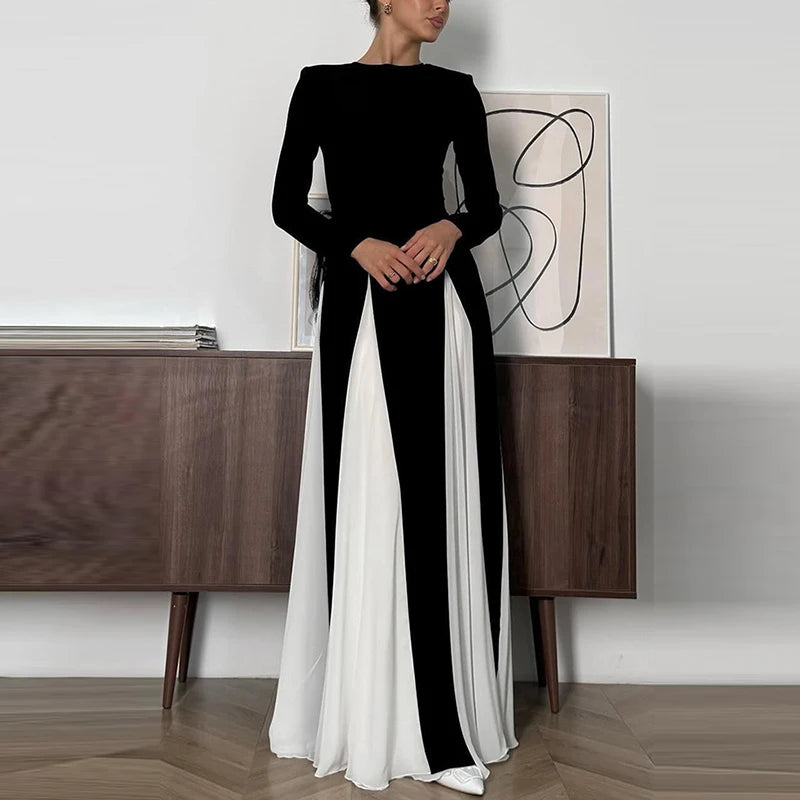 Amay Women Crew Neck Long Sleeve Maxi Dress New Winter Splicing Party Dress Elegant Lady Contract Color Full Length Club Dress