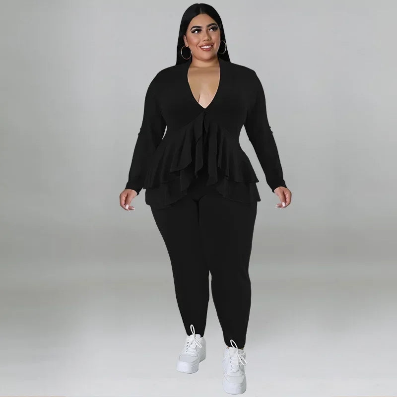 Amay Plus Size Women Set Fashion Ladies Ruffles Hem V-neck T-shirt and Legging Pants Suit Spring Female Two 2 Piece Set Outfit