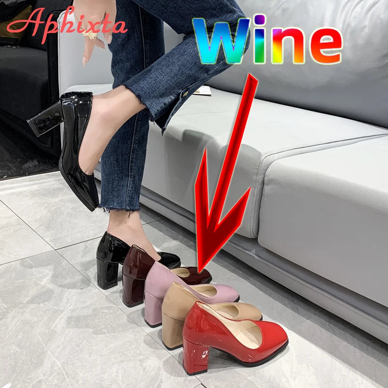 Amay Apheta 7.5cm Square Tou Patent Leather Shoes Women Pumps Thick Heels Sapato Feminino Work Party Shoes Super Big Plus Size 50