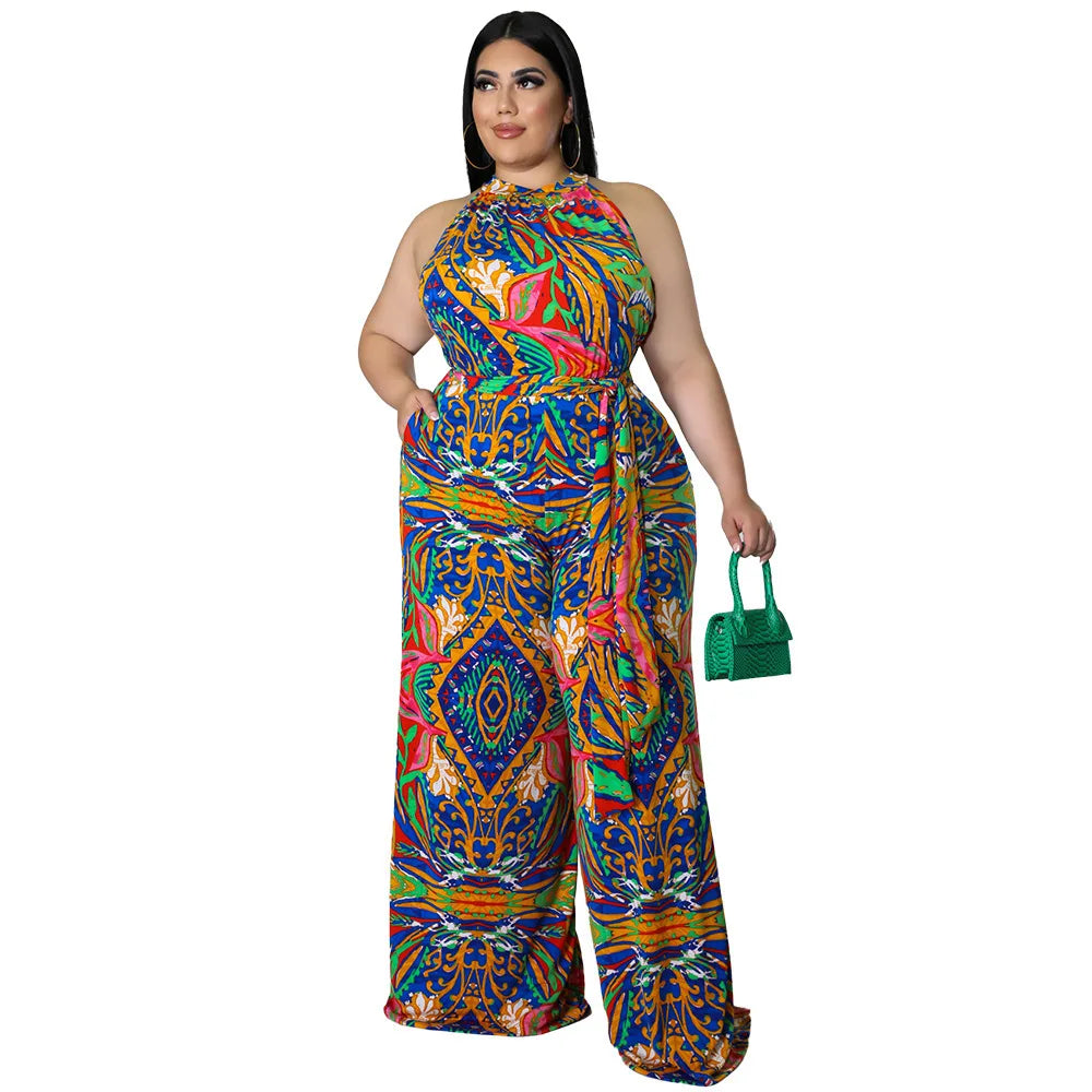 Amay Plus Size Women Jumpsuit Sleeveless Casual Hanging Neck Print with Belt Large Size Romper Wide Legs 2024 New Dropshipping