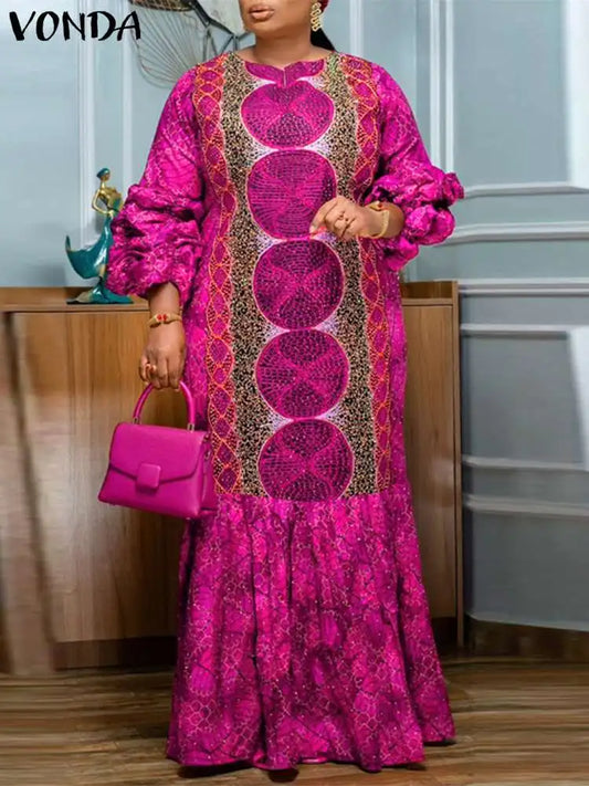 MAXY Plus Size Party Dress Women Bohemian Long Puff Sleeve Casual Printed Vintage Sundress Loose Fashion Party Robe