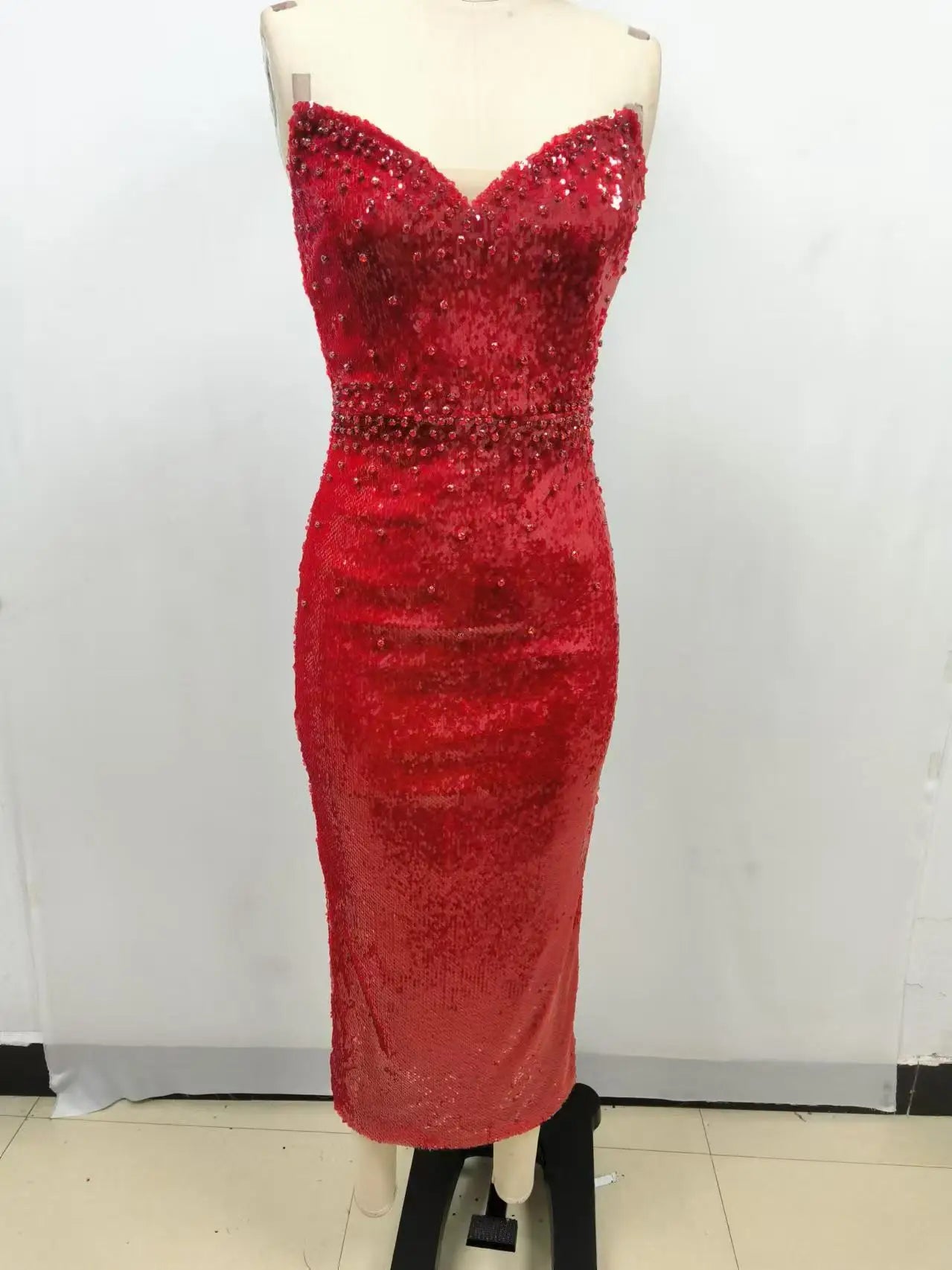 Maxy Women Red Evening Dress Fashion Strapless Sequins Glitter Mid Calf Sparky Dress Celebrity Birthday Club Gowns Gala Clothes