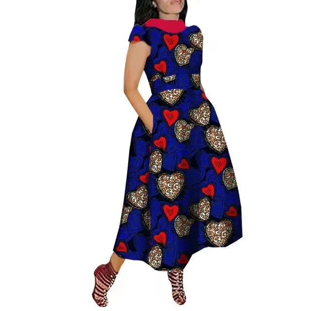 Maxy African Maxy Dress for Women Private Custom V-Back Short Sleeve Turn-down Collar Plus Size Casual Dress Ankara Attire Party Prom