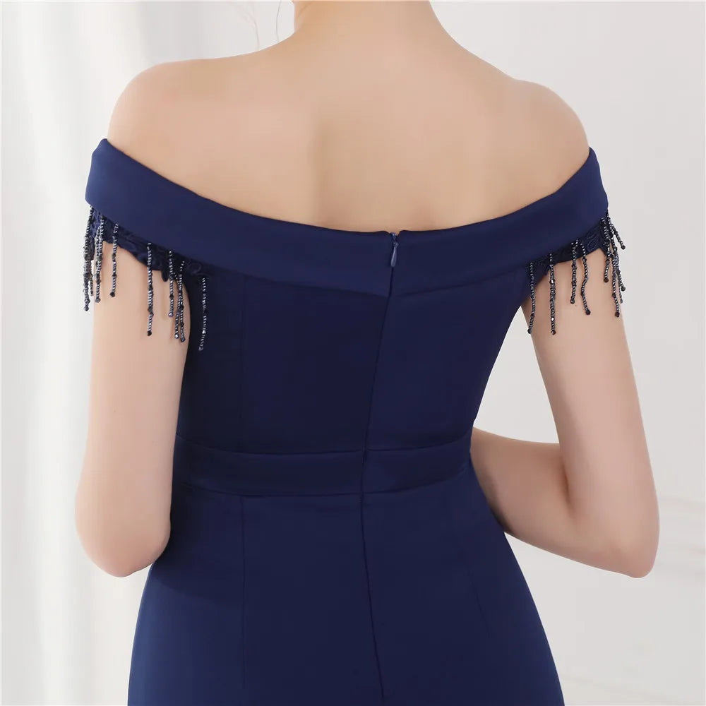 Maxy Evening Dress Navy Blue Stretchy Off the Shoulder Beads Zipper Back Mermaid Trumpet Floor Length Women Party Formal Gowns YE131