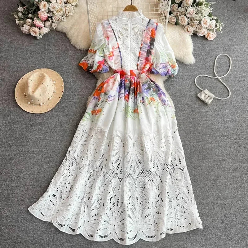 Maxy Retro Palace Style Bubble Short Sleeve Stand Collar Slim A-Line Dress Women Water Soluble Hook Floral Hollowed-Out Lace Dresses