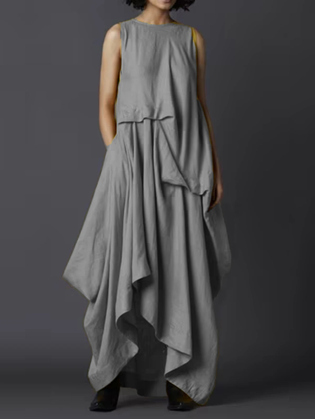 Maxy Summer Pockets Dress Women Crew Neck with Back Button Irregular Maxi Dresses Female Elegant Fashion Casual Loose Tank Dress