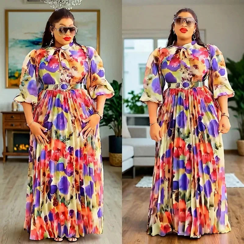 Maxy Plus Size Print Dresses Autumn Elegant 3/4 Sleeve Party Evening Long Dress Gowns Dashiki African Clothes