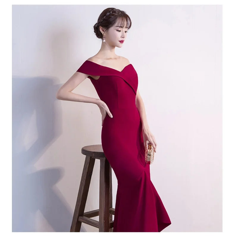 Maxy Evening Dresses Burgundy Sequins Stretchy Off the Shoulder Zipper Back Mermaid Trumpet Floor Knee Women Party Formal Gowns YE288