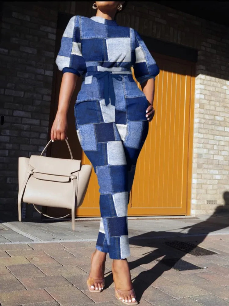 Maxy Fashion Plaid Print Two Pieces Sets Women's Autumn Lanntern Sleeve Top & High Waist Tied Slim Long Pants Casual Streetwear Set