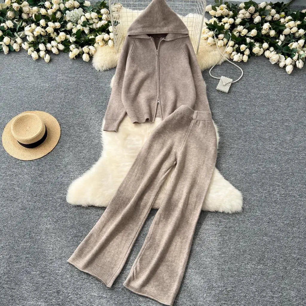 Amay Women 2 Piece Knitted Sweater Pantsuits Winter Fashion Korean Blouses Tops and Casual Pants Set Elegant Female Hoodies Outfits