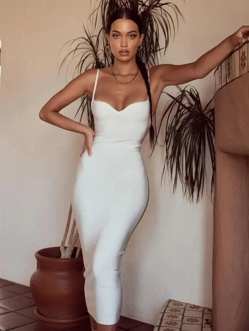 Maxy Summer White Midi Bandages Dress Bodycon Women Spaghetti Strap Sleeveless elegant V neck High Qualit