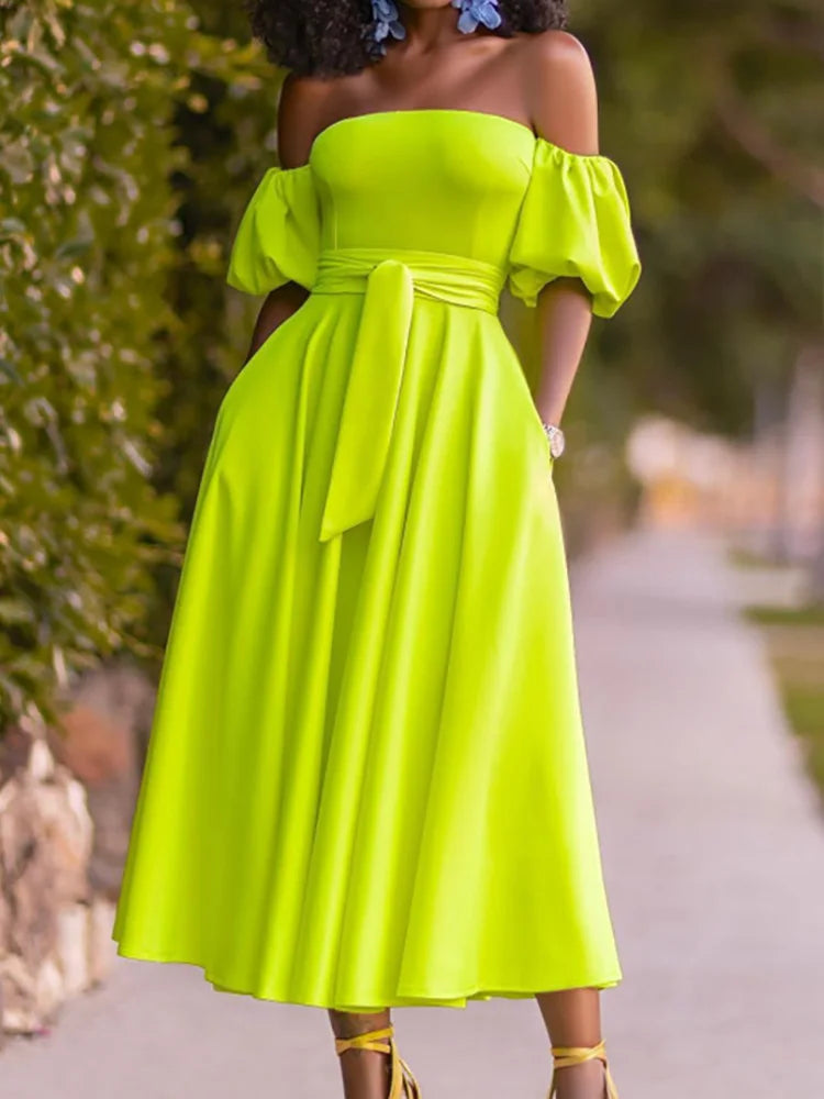 Amay Slim Fit Belt Elegant Lady Midi Dresses Summer Women Off Shoulder Solid Party Dress Slash Neck Short Sleeve Patchwork Club Dress