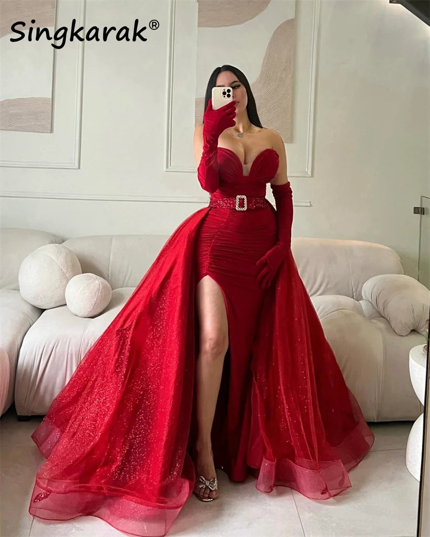 Amay Luxury Wine Red Evening Dresses Wedding Reception With Gloves Formal Occasion Party Gowns With Detachable Train Customized 