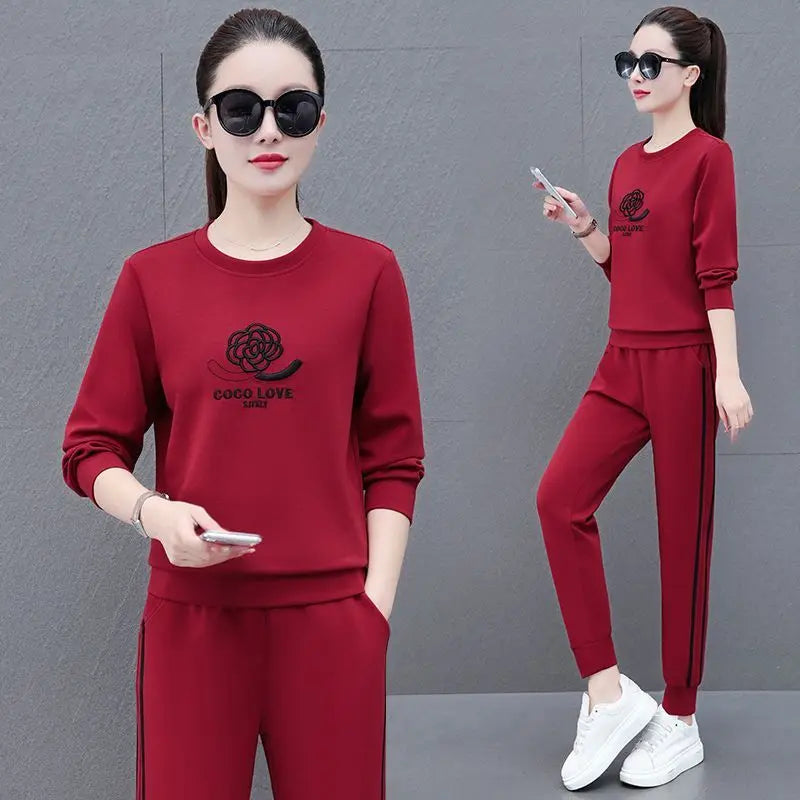 Zay Women's Round Necked Sports Suit Spring And Autumn New Fashion Korean Long Sleeve Crop Top And Pants 2 Two Piece Set For Women