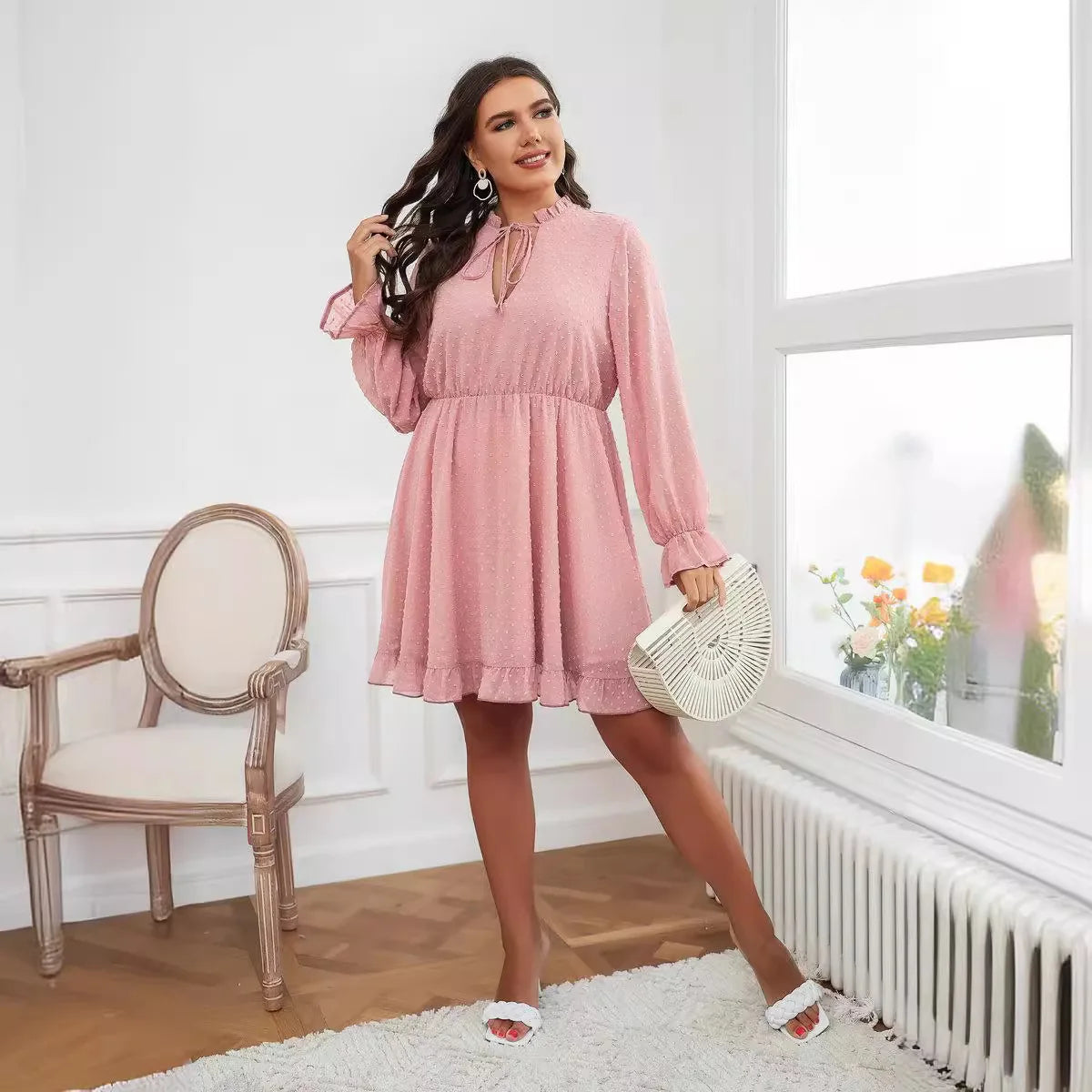 Maxy Women's New Oversized Short Sleeved V-neck Fashionable Slim Ruffled Waist Pink Short Dress Party Summer Elegantes Casual Y2k
