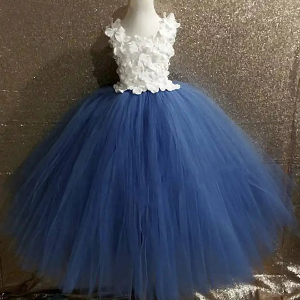 Maxy Girls black Flower Petals Tutu Dress Kids Crochet Tulle Dress Ball Gown Children Birthday Wedding Party Costume Evening Dress