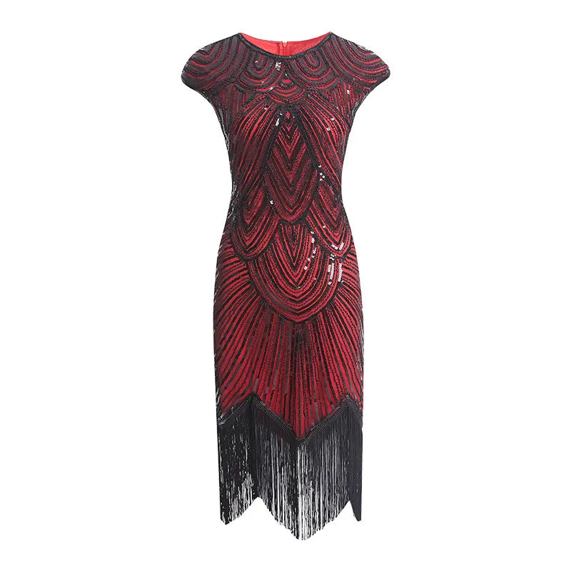 Maxy Vintage Glitter Evening Party Dress For Women Sequin Bead Embroidery Tassel Prom Gown Gala Dress Summer Art Deco Retro Black
