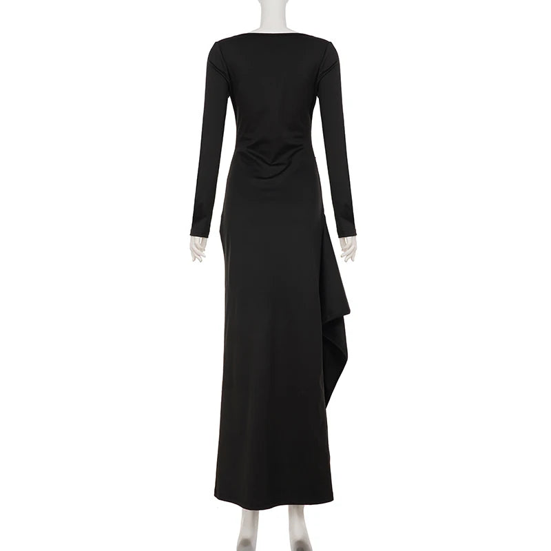 Maxy Party Clubwear Elegant Fashion Solid Split Dress Sexy Slim Square Collar Long Sleeve Maxi Dresses For Women Autumn Spring