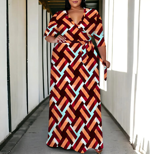 Amay Plus Size Boho Wrap Maxy Dress Orange Blue Geometric Print V Neck Half Sleeve Casual Look