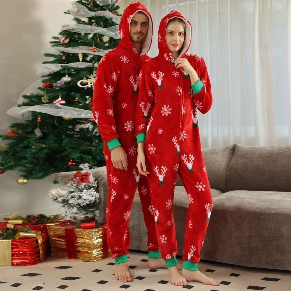 New Family Christmas Clothes Red Flannel Pajamas Warm Soft Jumpsuit Print Parent-child Matching Outfits Hooded Romper Xmas Look