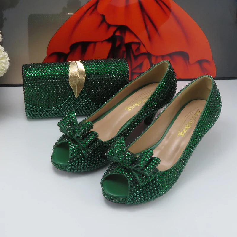 Max Green Pearl Bridal Wedding shoes and purse for Women Fashion Peep Toe High Pumps Evening Party Shoe and bag Open Toe