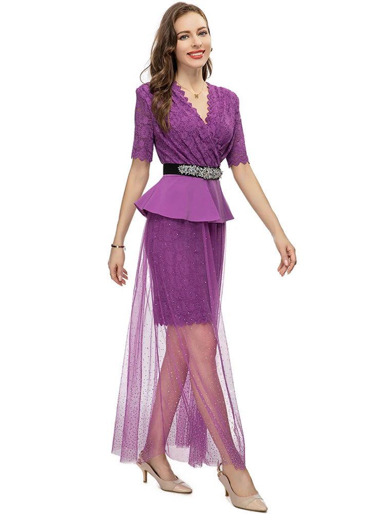 Maxy Designer Summer Dress Women V-neck Belted Luxury Diamond Beading Long Sleeve Lace Ruffles Purple Long Dress