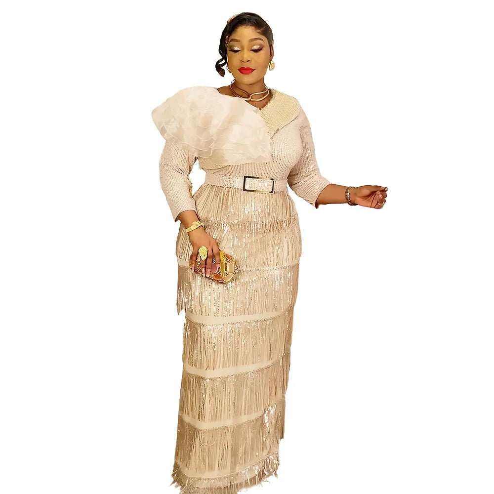 Maxy Plus Size African Party Dresses for Women New Dashiki Tassel Sequin Wedding Evening Gown Elegant Muslim Maxy Dress Outfits