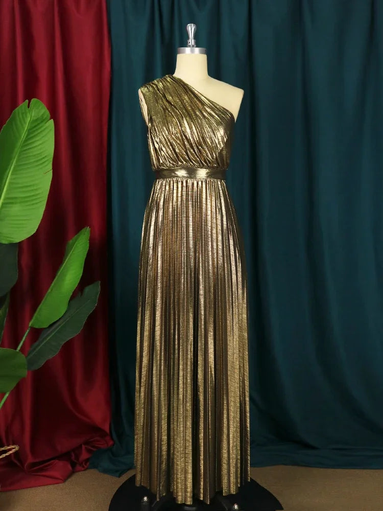 Amay Women Even Dresses Luxury Maxi Long Metallic Pleated Dress One Shoulder Sleeveless Premium Shiny Shimmer Gowns Big Size