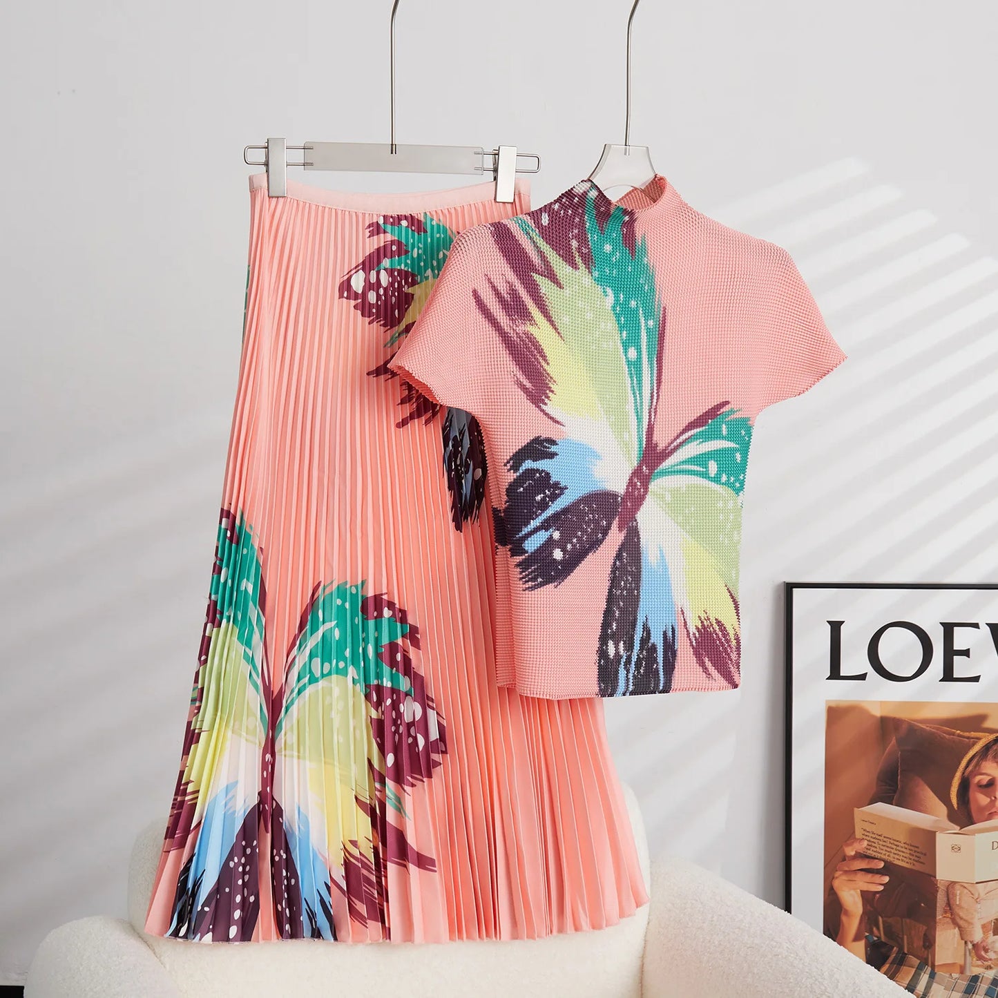 Maxy  Runway Two Piece Set Women Butterfly Print High Stretchy Pullovers Top + Pleated Midi Skirts Suit Summer Female Outfit