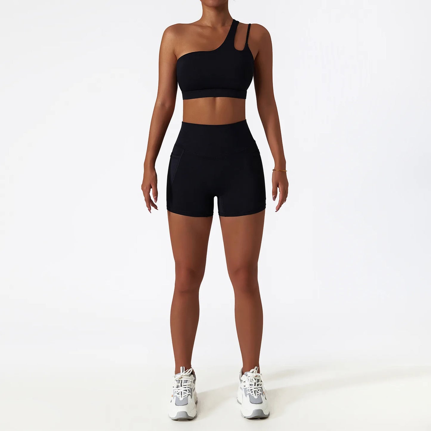 Maxy Sportswear Yoga Set Quick-Dry Tight Suit With Pocket Sports Women Tracksuits Asymmetric Shoulder Running Gym Leggings
