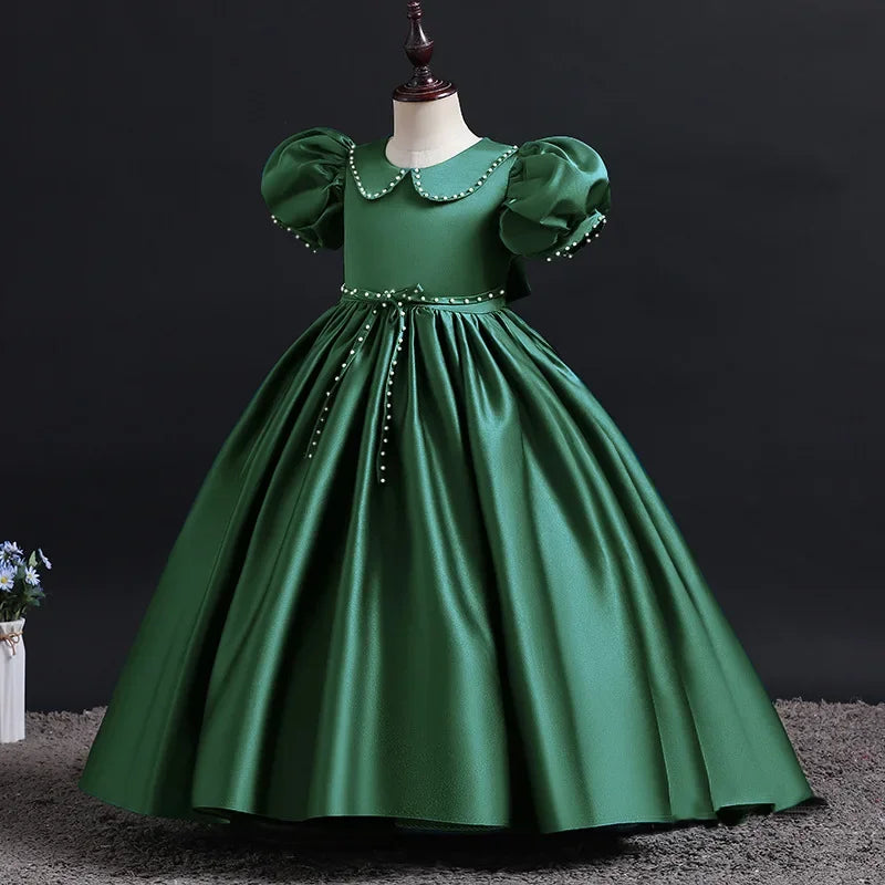 Maxy Flower Girl Vintage Dress Children Formal Red Ball Gown Kid Lace Long Evening Bridesmaid Prom Dresses for Wedding Party