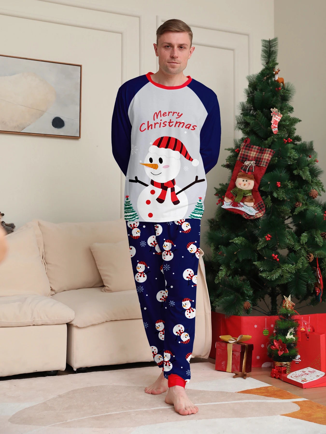 Christmas Pajamas Family Blue Cartoon Snowmen Printed Family Matching Christmas Pajamas Long Sleeve Christmas Pjs Set