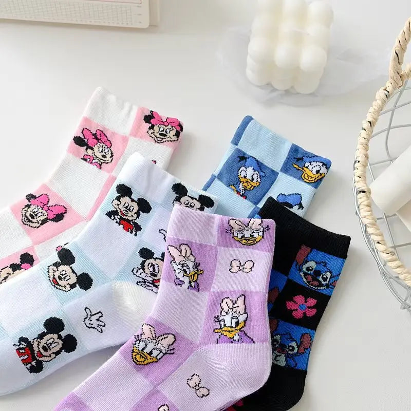 Maxy 5 pairs Kawaii Disney Mickey Mouse socks Cotton Mid-calf Socks Donald Duck stitch Stockings for Men and Women Warm Socks Gift