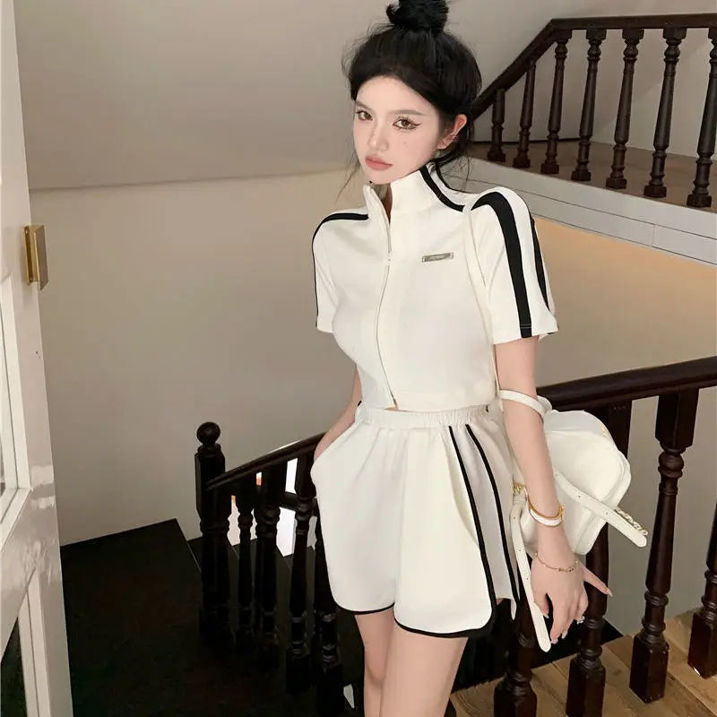 Women Suit Shorts Set White Hottie Age Reduction Splicing Short Sleeved T-shirt Summer Fashion High Waisted Motion Leisure