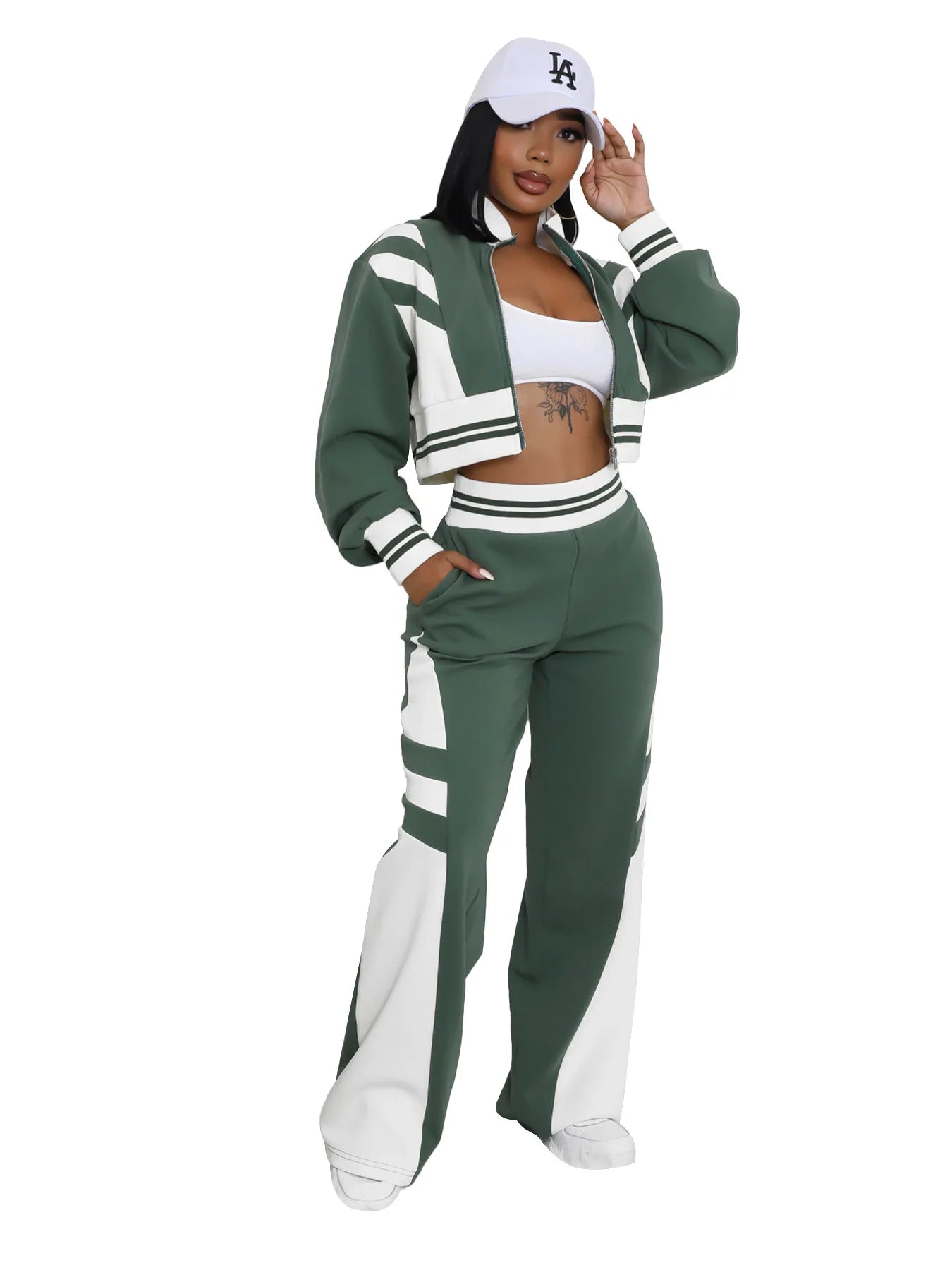 Maxy Contrast Color Women Autumn 2 Piece Set Stand Collar Long Sleeve Zipper Sweatshirts Crop Tops + Flare Pants Streetwear Tracksuit