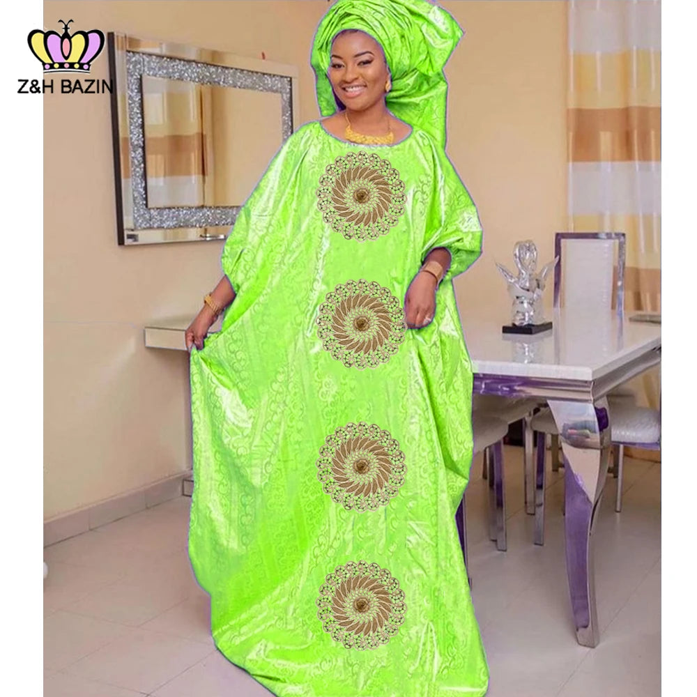 Maxy Newest African Dresses For Women Turkey Designer Bazin Riche Long Dresses Dashiki Robe Wedding Gowns Green Basin Clothing