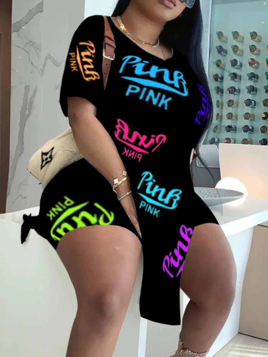 Maxy Plus Size 2pcs sets Letter Print Split Shorts Set Summer Women Two Piece Set Pullover Short Sleeve T-Shirt Casual Tracksuit