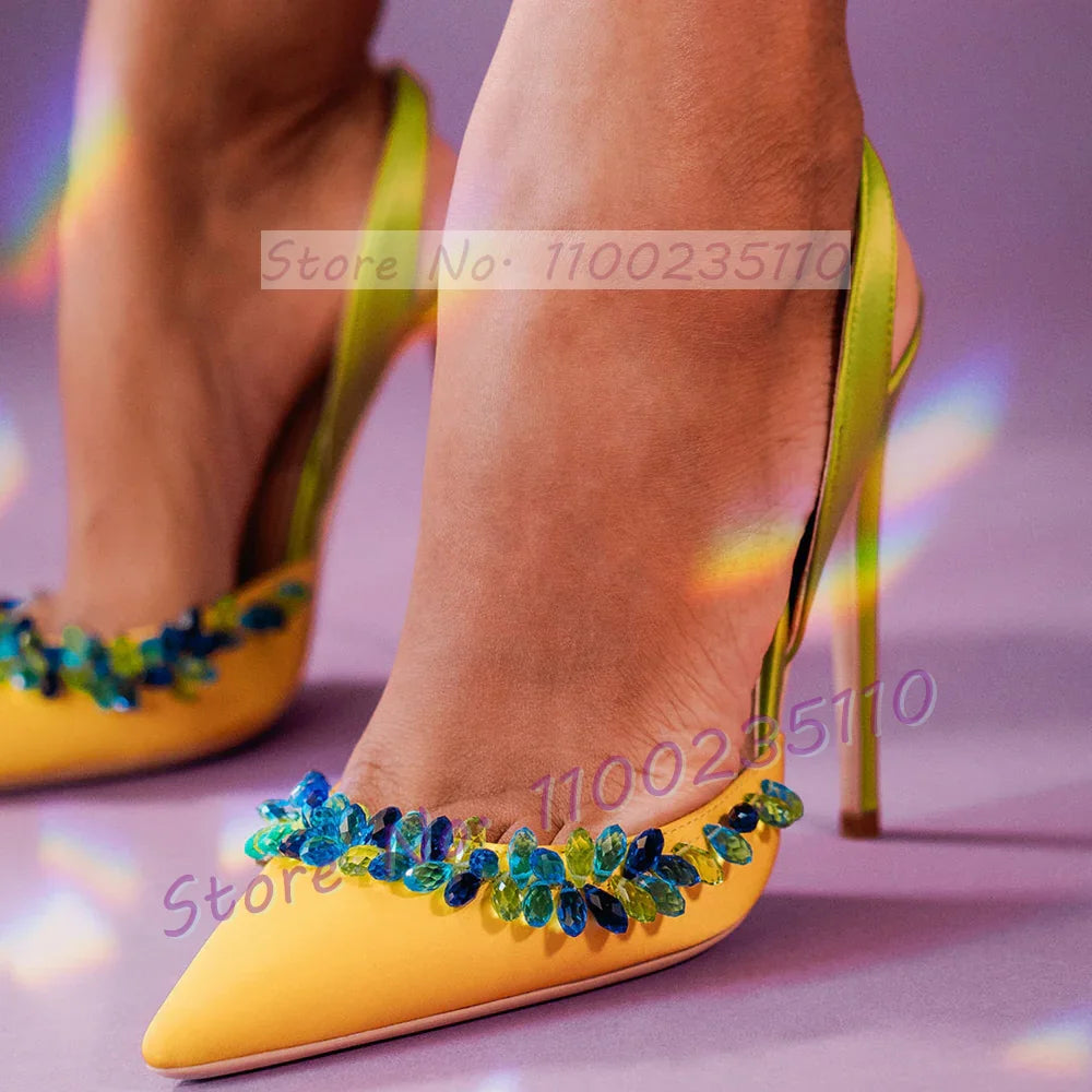 Maxy Blue Crystal Trim Elegant Satin Sandals Women Luxury Back Strap High Heels Party Shoes Ladies Summer Chic Pointy Toe Bling Pumps