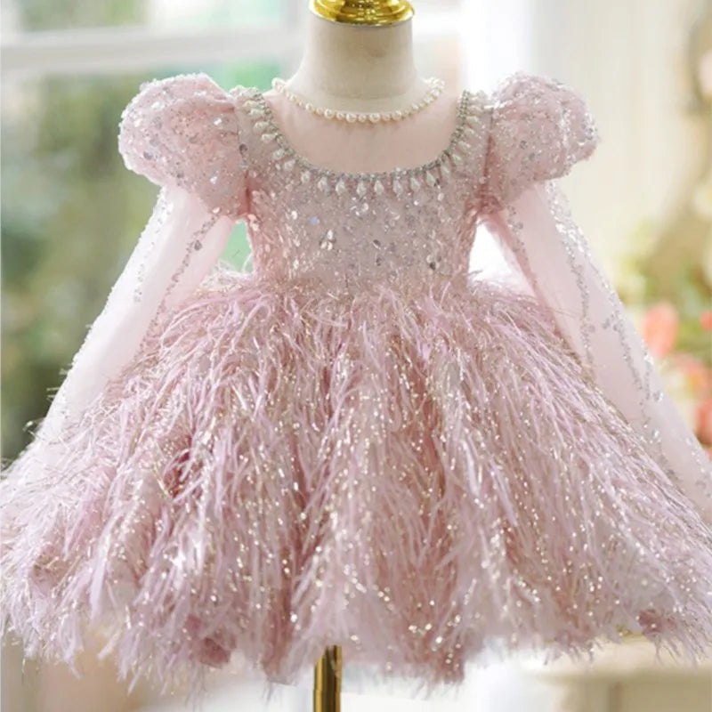 Maxy Fashion Baby Girl Princess Sequins Feather Dress Puffy Sleeve Toddler Child Pearl Vestido Party Birthday Baby Clothes 2-14Y