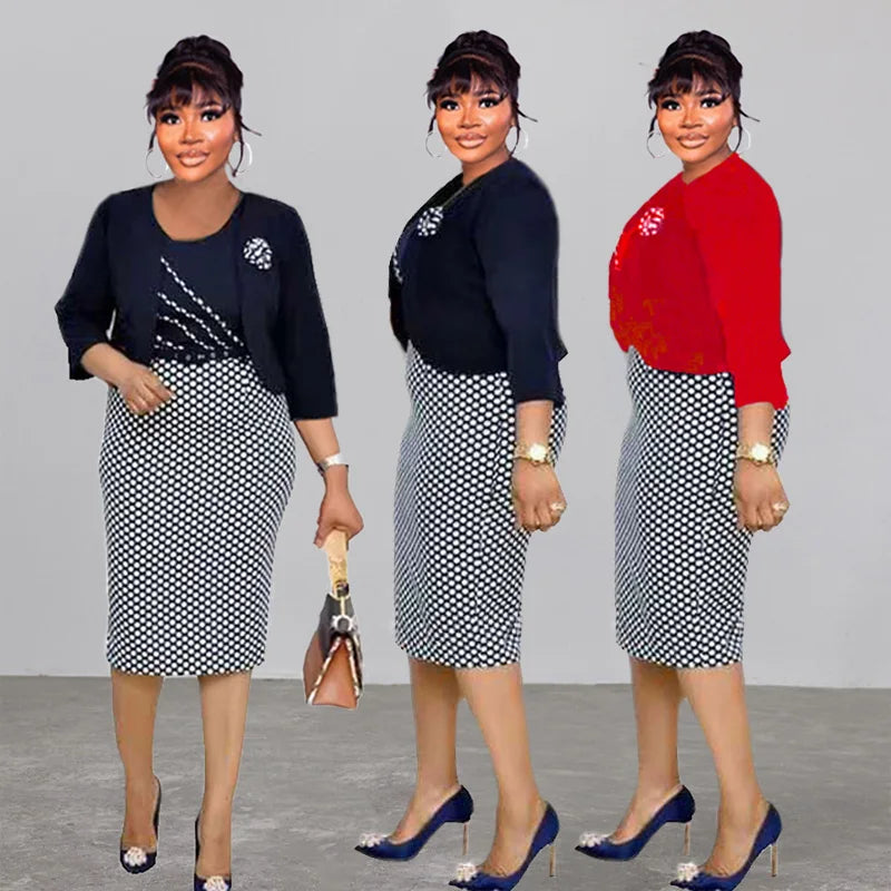 Amay Cross-border explosion African women's round neck plaid OL temperament patchwork commuter dress + small coat two-piece set