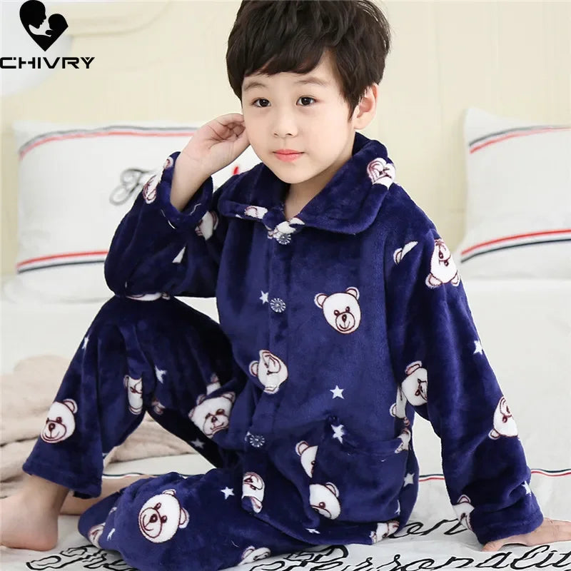 New Kids Max Pajama Sets Boys Girls Autumn Winter Thicken Warm Home Wear Cartoon Lapel Long Sleeve Sleeping Clothing Sets