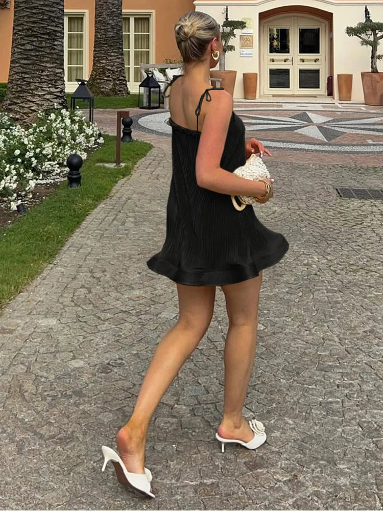 Maxy Cute new Loose Stunning Women Mini Dress Summer Silky Ruffle Woven Strap Splice Sleeveless Concise Party Frock