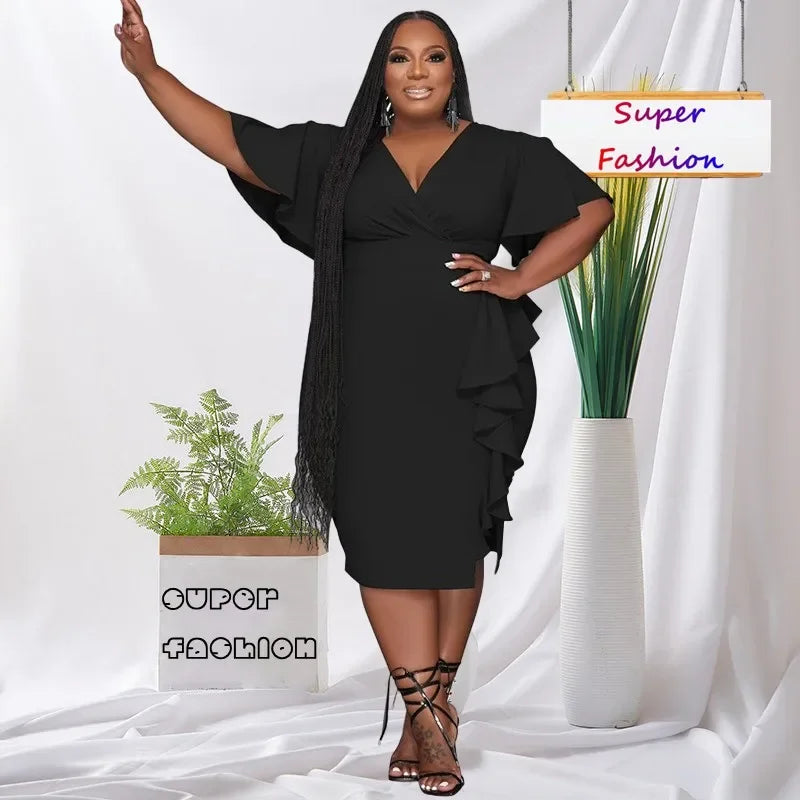 Maxy Plus Size Women's Summer Bodycon Dress Short Sleeve Solid Color Ruffle Hem Knee-Length