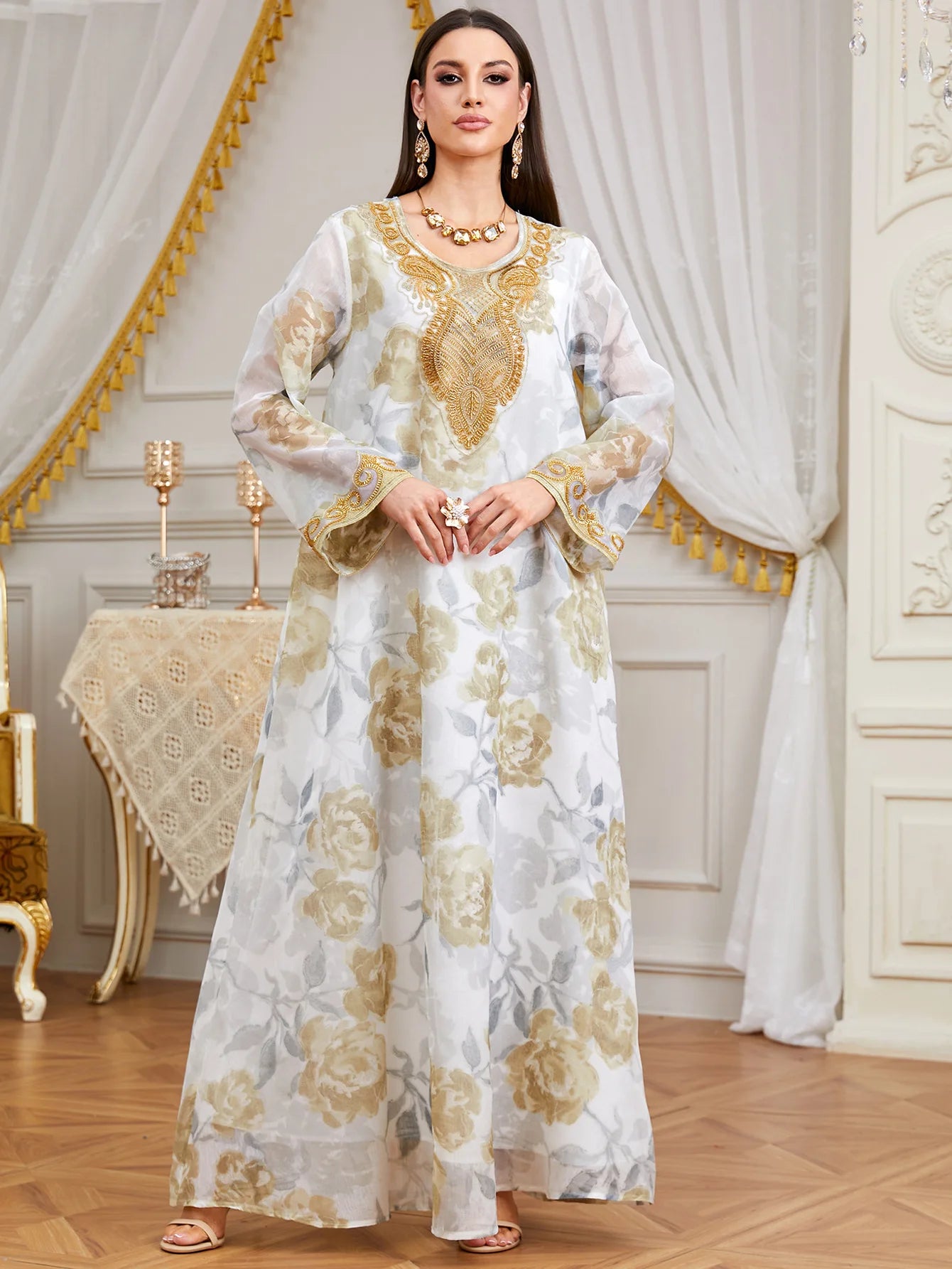 Zahraa 2026 Eid Muslim Beaded Printed Long Dress Elegant Modest Abaya Islam Clothing Dubai for Woman Party Dresses Jalabiya Gown