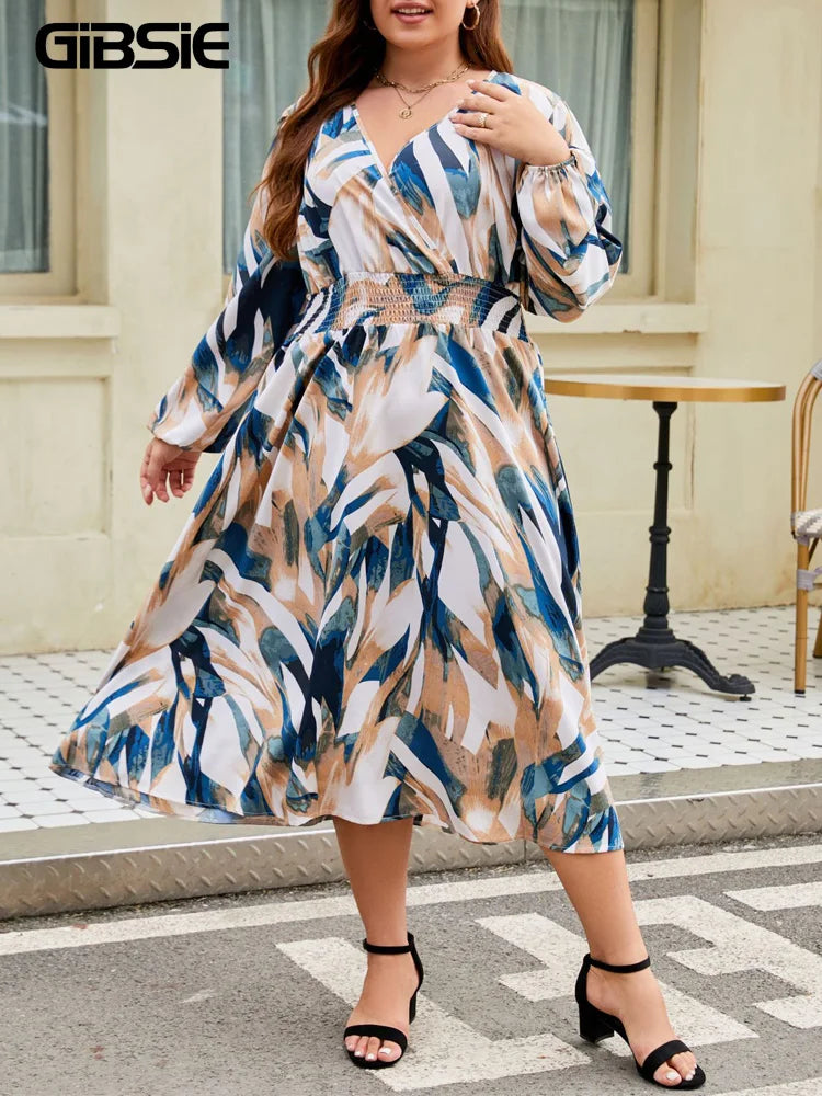 Maxy Plus Size Boho Causal Print Long Dress Wrap V Neck Full Lantern Sleeve Elegant High Waist A-Line Dresses for Women